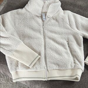 Athleta Sherpa Fleece Jacket Womens M Ivory Funnel Neck Full Zip Cozy Apres Ski